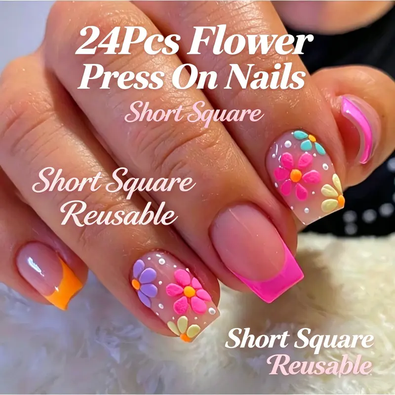 Short Square Colorful French Tip Press-On Nails, Cute Summer Floral Fake Acrylic Nails, Salon Quality Reusable Glue-On Nails Kit, French Nail Art, Nail Art Products