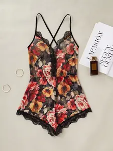 Floral Print Contrast Lace Spaghetti Strap Mesh Sleepwear Romper Designed For Nighttime Home Lounging