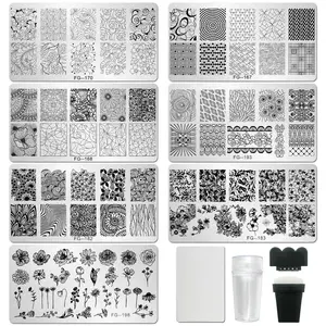 Nail Stamper Kit 7pcs Nail Stamping Plates Geometric Mandala Flower Nail Stencils with 2 Stamp and 2 Scraper for Home Salon Manicure Design Supplies Tools