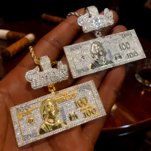 Lxalry 100 Dollar Money Bill Pendant Copper Iced Out Hip Hop Necklace For Men, Rapper Streetwear Bling Chain, Statement Jewelry For Party Club Daily Wear Gift