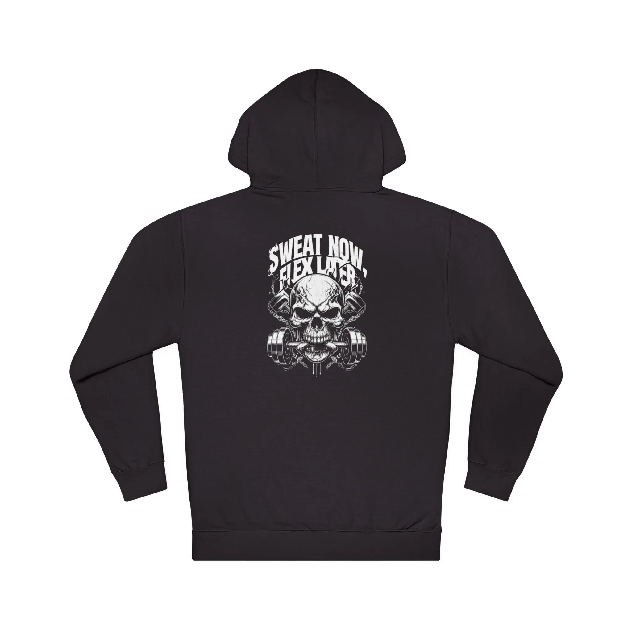 Premium Hardcore Skull & Dumbbell Hoodie – ‘Sweat Now, Flex Later’ Motivational Gym Apparel for Bodybuilders & Powerlifters