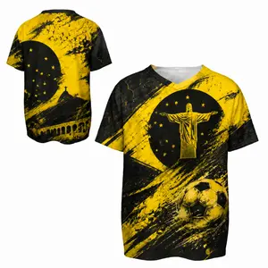 Canary Yellow and Black Brazil Soccer Jersey with V-Neck, Flag Graphic, Paint Splatter Design, and Bold Fan Game Day Style