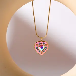 Dopamine Heart-Shaped Copper+Zirconia Openable Frame Photo Album Necklace, 45cm Copper-Base Furnace-Plated Girly Cute Everyday Wear Fashion Costume Jewelry