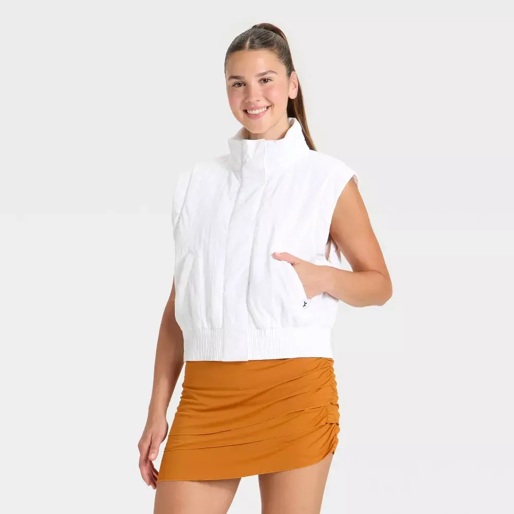 Women's Polyester Crepe Fabric Basic Solid Hip Tank Top - JoyLab Casual Chic Game Day Vest, White, Size S