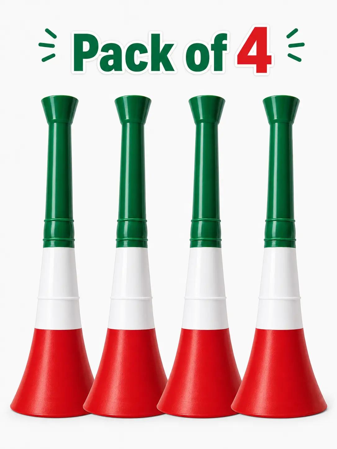 Set of 4 Vuvuzela Horn 8.85 inch each Mexico 3D printer. Green, White and Red Soccer Fan Kit. All occasions, Trumpet, Noisemaker for sports events, parties, fun, noise, soccer. Loud Cheer Noise Maker for Sports, Generador de ruido, events