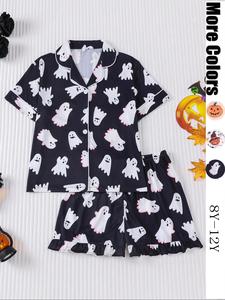 halloween children's 2-piece pajamas set, new halloween bat pumpkin head ghost star cardigan short sleeve shorts,'s medium and large pajamas for party, daily wear, vacation home clothes 2-piece pajamas set