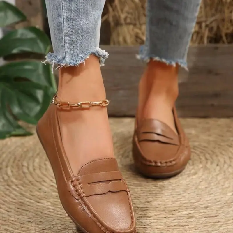 Women's Soft Sole Flat Shoes, Round Toe Loafers, Mirror Finish, All-Season Simple Design, Comfortable Casual Footwear, Walking Shoes