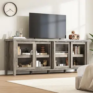 TV Stand for Televisions Up to, Modern Entertainment Center with Storage Cabinet, 4 Sliding Glass Doors, Media Console for Living Room, Bedroom, Retro Brown