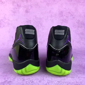 Brand New Sealed Unisex Black Patent Leather Low Top Retro Basketball Sneakers, Fluorescent Green Rubber Outsole Purple Decor Detail Breathable Mesh Flat Black Laces Casual Street Sports Shoes With Original Shoe Box