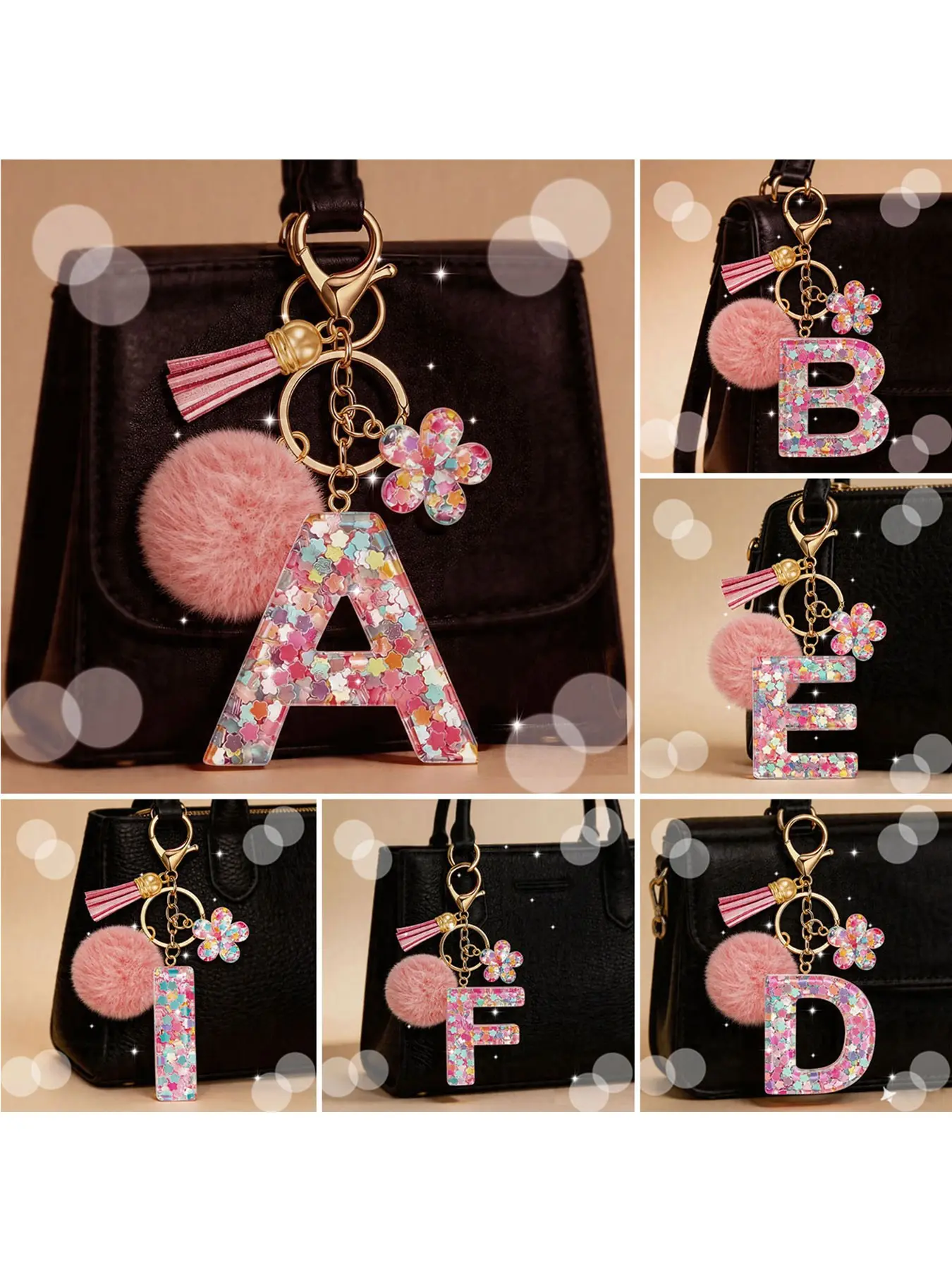 Fashion Resin Keychain with Cute Flower Ball Tassel Pendant, Letter Charm Keyring for Girls Women, Casual Style Gift Accessory, Trendy Cute Keychain, Floral Pattern Keychain