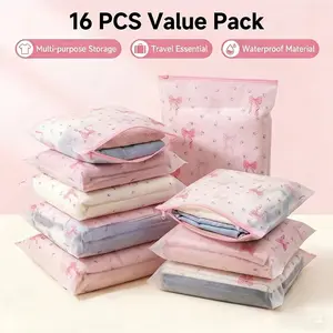 16 Transparent Flower Bow Zipper Storage Bags, 7.87"/11.02", Unisex, Clothes, Socks, Bathroom Essentials, Travel, Home Organization
