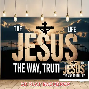 2D Flat - 1pc Jesus Theme Party Decoration | Cross Silhouette and Cracked "JESUS" Text Design Photo Props, Polyester Banner for Wedding, Birthday, Family Events, Coming-of-age, Christmas, Fou