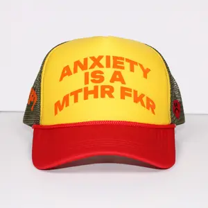 NOTHAPPYCLUB  RED, GREEN, YELLOW AND ORANGE ANXIETY IS A MTHR FKR TRUCKER HAT