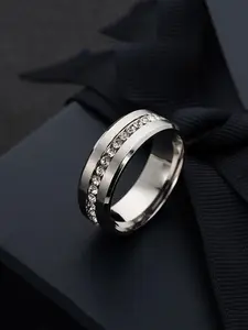 Unisex Fashion Simple Single Row Zirconia Inlaid Stainless Steel Ring, Casual Trendy Promise Ring, Elegant Everyday Ring, Versatile Accessories for Women & Men