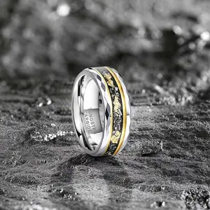 Yonifu Men's 8mm Tungsten Ring Gold Meteorite Inlay - Comfort Fit Scratch Resistant Heavy Duty Durable Wedding Band Gift for Him