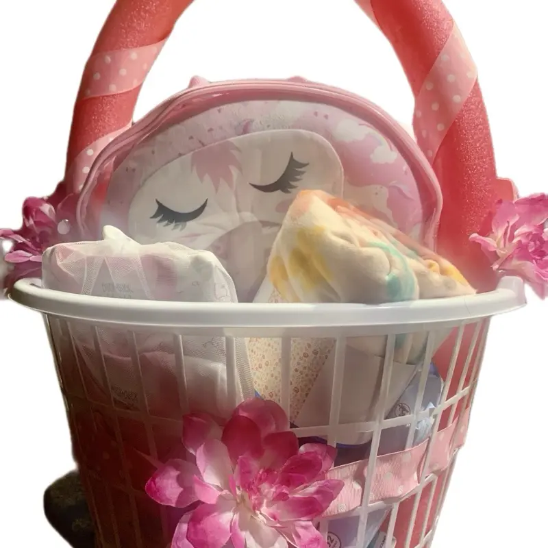Baby Basket - Pink Decorative Basket with Cute Figures and Flowers, Ideal for Gifts and Hobbies