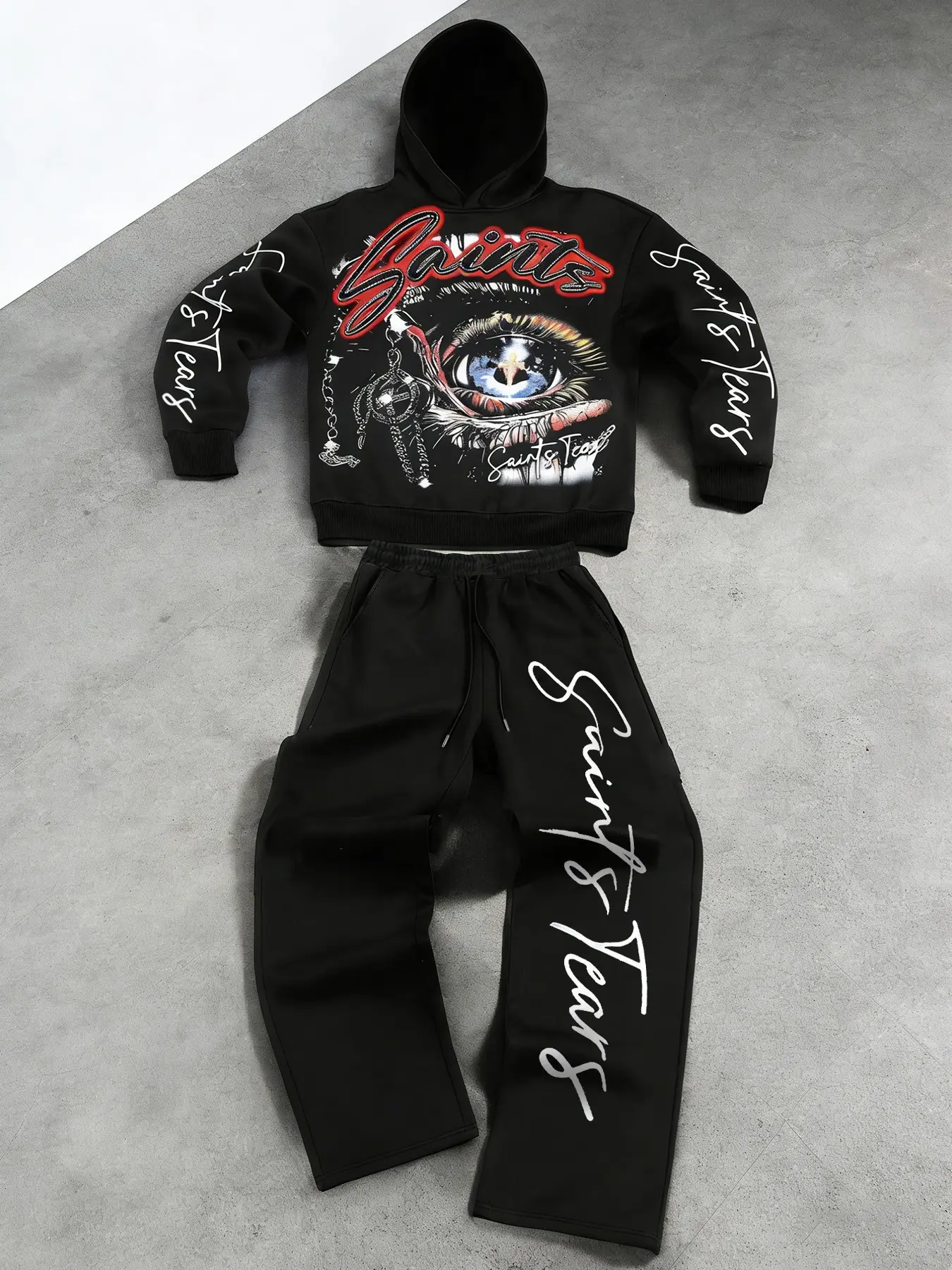 Saints Tears Hoodie, Long Sleeve Sweatshirts with Exaggerated Eyes & Chain Elements, Full Body Handwriting Slogan, Dark Aesthetic, Unisex Casual Fall Winter, Graphic Print Hoodie