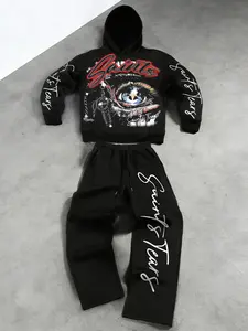 Saints Tears Hoodie, Long Sleeve Sweatshirts with Exaggerated Eyes & Chain Elements, Full Body Handwriting Slogan, Dark Aesthetic, Unisex Casual Fall Winter