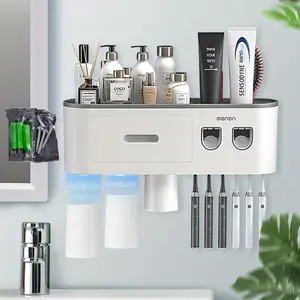 [Wall Mounted Toothbrush Holder] 2 Toothpaste Dispensers + 6 Toothbrush Slots Wall Mounted Toothbrush Holder | 3 Magnetic Cups, 1 Cosmetic Drawer Organizer And 1 Large Storage Tray
