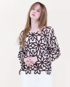Guipure Flower Lace Long Sleeve Crochet Top – Women’s Sheer Statement Floral Blouse