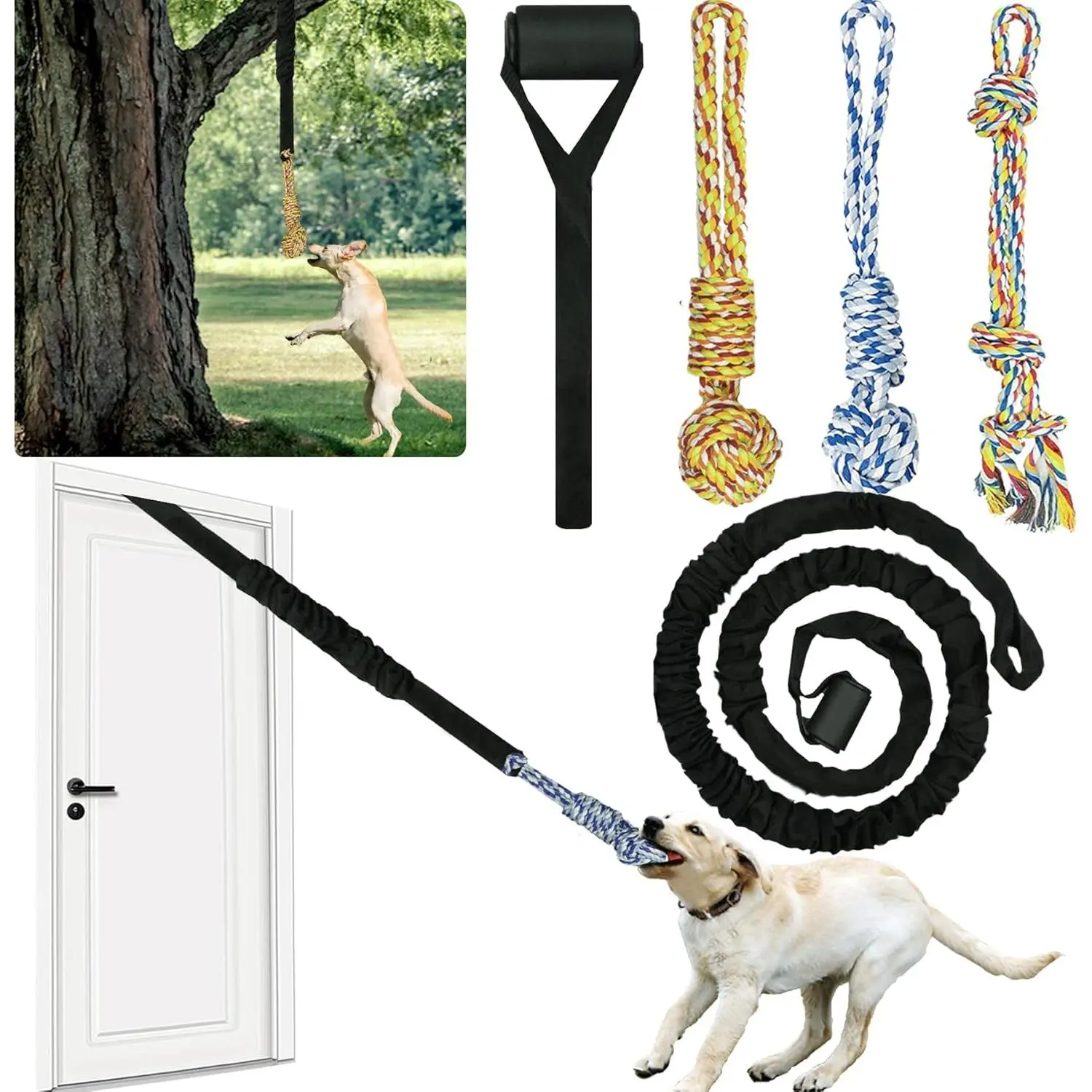 Interactive Dog Bungee Toy Rope Tug War for Pitbull Small Medium Large Dogs, Indoor/Outdoor Tree Hanging Toy for Exercise Solo Play,Spring Pole Interactive Toys with 3 Chew Rope
