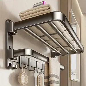 Multi-Functional No-Drill Hook Towel Rack, Wall-Mounted Folding Design, Space-Saving, Modern Aesthetic, Ideal for Home, Bathroom, Hotel, Bathroom Organizer