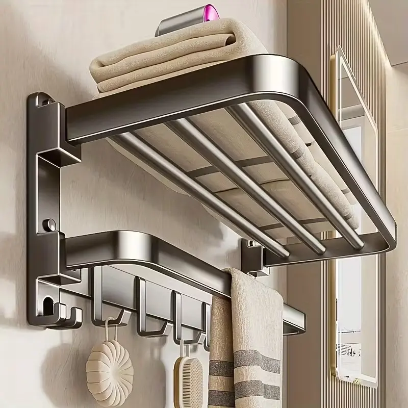 Multi-Functional No-Drill Hook Towel Rack, Wall-Mounted Folding Design, Space-Saving, Modern Aesthetic, Ideal for Home, Bathroom, Hotel, Bathroom Organizer