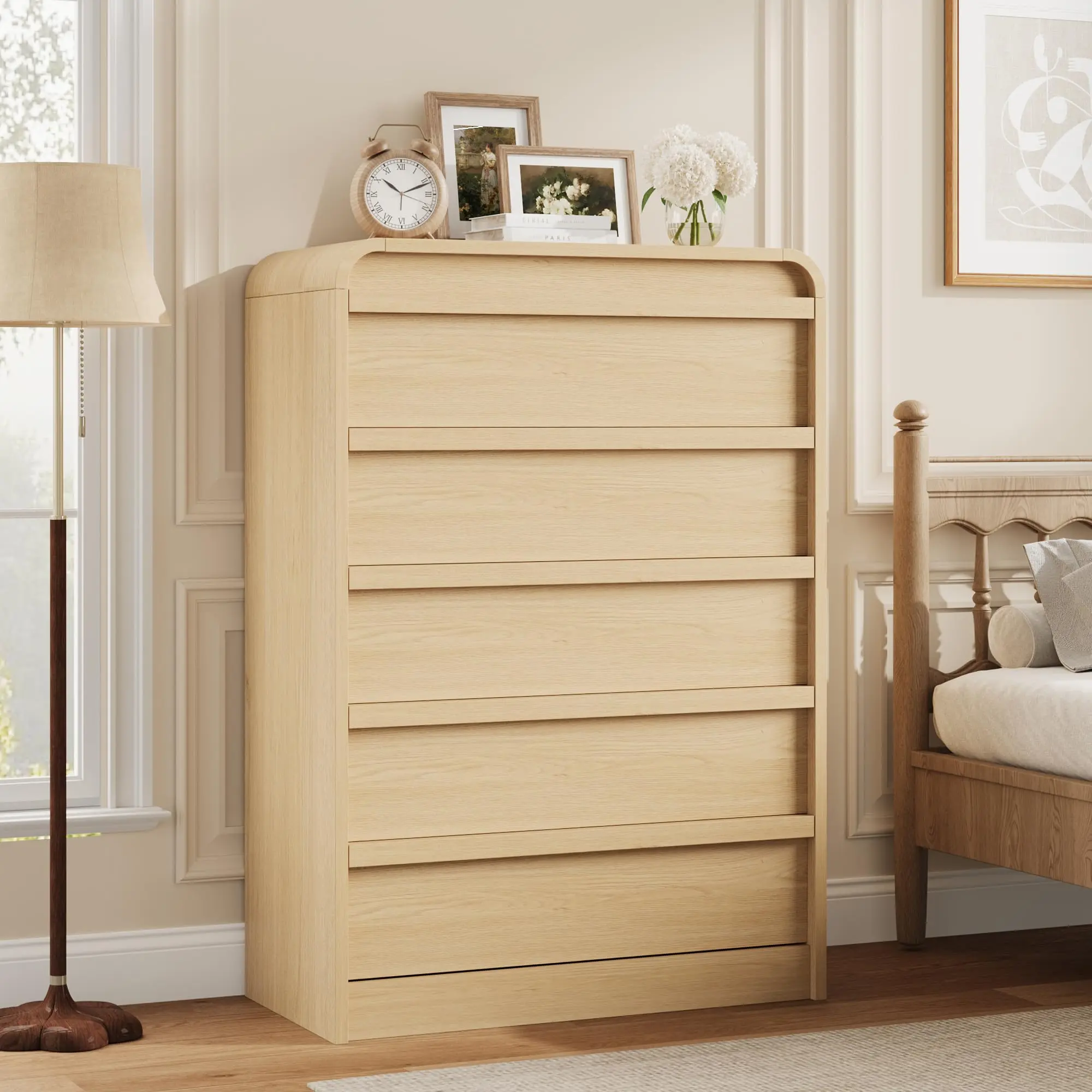Modern Arched 5-Drawer Dresser – Tall Freestanding Wooden Storage Chest with Large Capacity, Golden Handles, Sturdy Construction – Ideal for Bedroom, Living Room, Nursery, or Hallway, Antique White