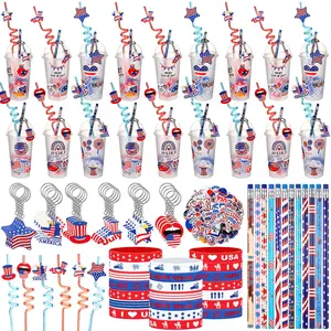 24 Sets USA 250th Anniversary 4th of July Party Favors Gifts Set 194 Pcs Independence Day Cup Fillers Patriotic Party Keychain Pencil Silicone Bracelet for Family Boys Girls for Memorial Day Patriotic Gift Bingo BBQ Game Prize Rewards