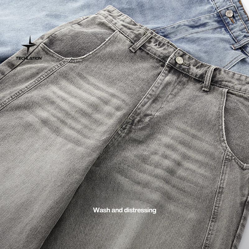 Inflation Baggy Washed Streetwear Wide-Leg Curved Blade Denim Pants Spring Summer New American Style Loose Fit Cargo Jeans Men's Casual Beige Plain Trousers with Pockets Pull On Valentine's Day