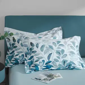 100% Long-Staple Cotton Pillow Shams - Gradient Blue Leaf Printed Envelope Pillowcases Queen Size 20"x26" 2pcs
