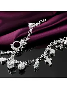 1Pc Elegant 925 Silver Heart & Key Pendant Bracelet, Boho Style with 13 Small Charms, Shiny Exquisite Women's Statement Bangle, Fashion Jewelry Accessory, Ideal Birthday Romantic Gift for Wife & Girlfriend, Heart Lock Bracelet