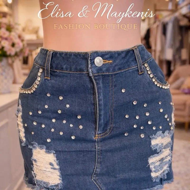 Sexy Denim Mini Skirt with Stone Details and Ripped Style for Women