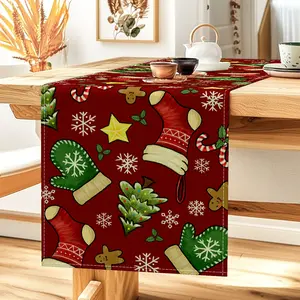 1pc,  Red Christmas Stockings And White Snowflakes, Green Christmas tree and gloves, gingerbread man Pattern Print Design Table Runner Polyester Fabric Kitchen Dining Table Cover Holiday Party Tablecloth Home Decoration