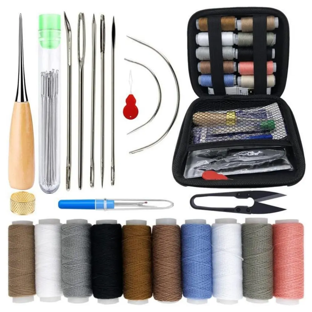 Heavy Duty Sewing Kit - 1 Set Professional Leather Craft & Upholstery Repair Kit with Durable Metal Tools, Awl, Sewing Thimble, Various Needles, Waxed Thread, Tape Measure, Leather Sewing Accessories, Portable Case for DIY Projects