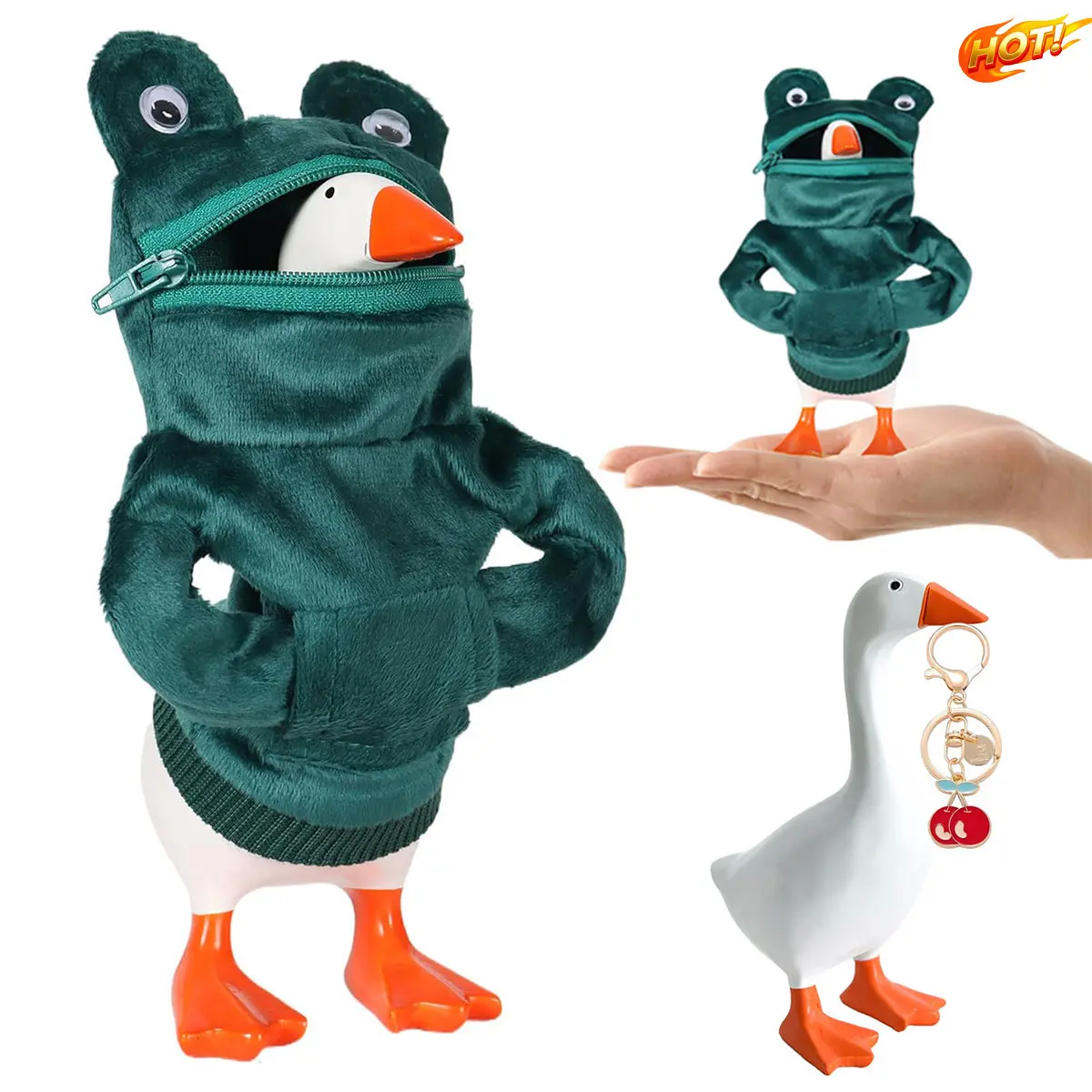 2-Set 7-in Resin Goose Figurines - Hand Painted DIY Specialty Toy Ornaments with Magnetic Mini Frog Hoodie Accessory, Keychain Functionality, Home Office Desk Decor (Ideal Gift for Colleagues, Entertainment Collectibles Accessories)