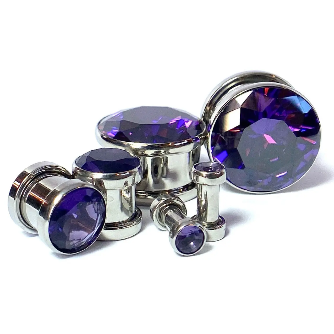 PAIR Large Purple Gem Screw Fit Tunnel Plugs Gauge Pierced Body Jewelry Piercing