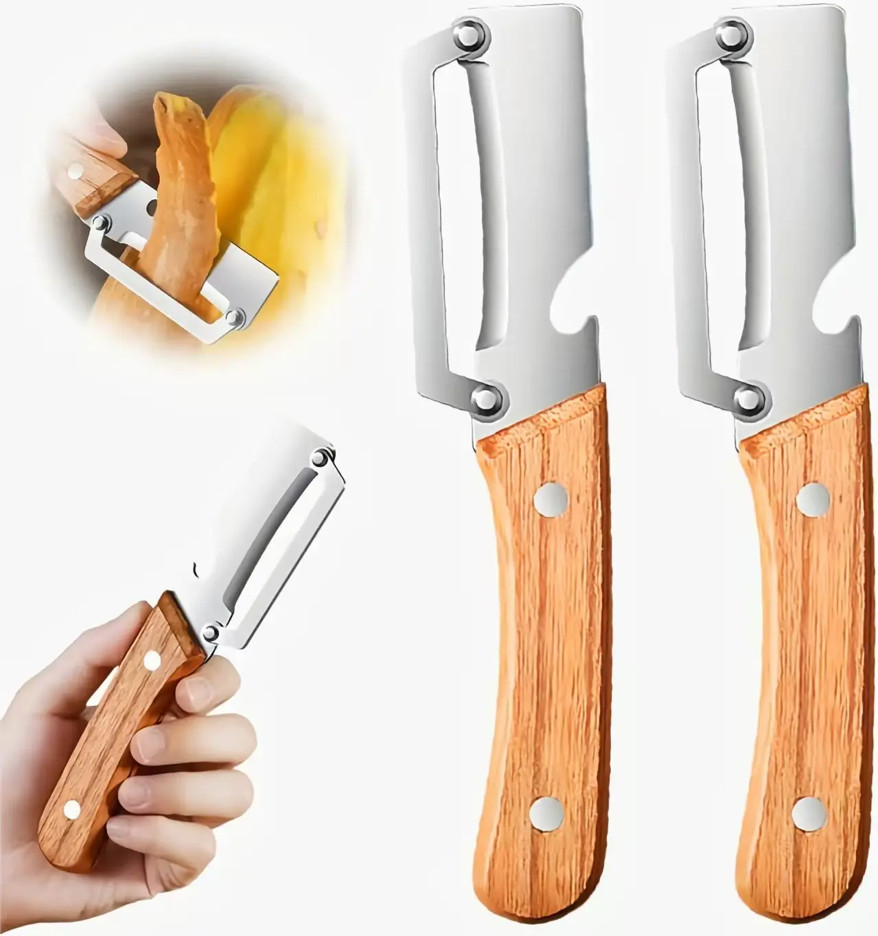 2PCS 2-in-1 Fruit & Veggie Peeler with Bottle Opener Sharp Stainless Steel Wooden Handle Ergonomic Non-slip Design for Comfortable Grip