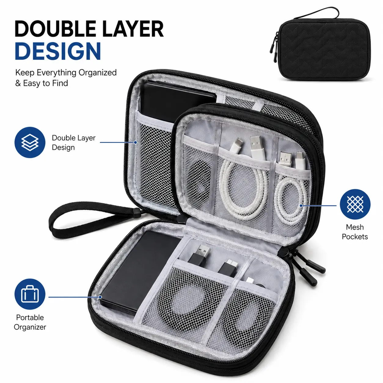Double Layer Fabric Tech Tool Storage Bag - Compact, Anti-Tangle, Multi-Compartment Organizer Pouch for Chargers, Earphones, USB Cables, Phone Accessories; Digital Nomad Travel, Home Desk Clutter Control
