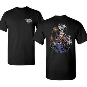 Skeleton Welder T-shirt with Spark Torch and Welding Helmet Graphic, 2 Sides Hardcore Tradesman Tee, Soft Cotton Blend Shirt for Welders, Fabricators, and Blue Collar Workers Living the Welding Life for Men and Women