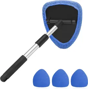 Windshield Cleaning Tool, Microfiber Car Window Cleaner with 4 Reusable and Washable Microfiber Pads and Extendable Handle