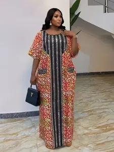 Women's African Traditional Print Dress, Loose Fit Plus Size Short Sleeve Embroidered Robe, Ethnic Long Casual Dress with Headscarf