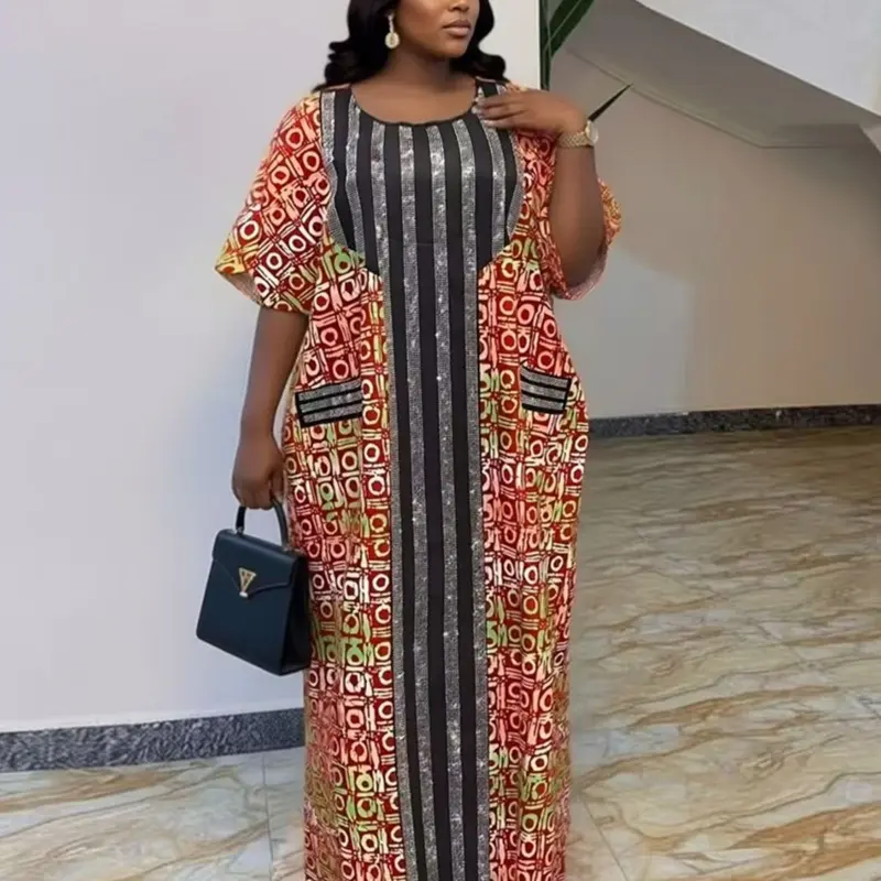 Women's African Traditional Print Dress, Loose Fit Plus Size Short Sleeve Embroidered Robe, Ethnic Summer Dress with Headscarf, Casual wear, Boho Elegance Style