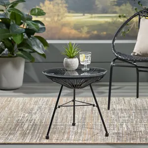 Outdoor Wicker Side Table, 49.53×48.26×15.24cm Round Tempered Glass Top Patio End Table, Weather Resistant Rattan Frame Small Accent Table for Backyard Balcony Porch Poolside