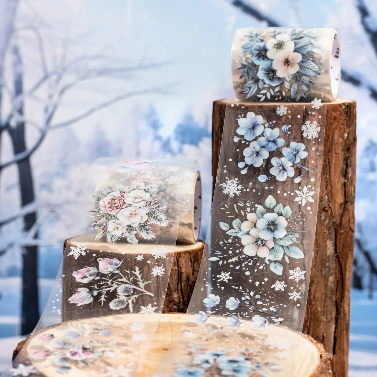 Winter Floral Theme Tape Roll/bag, Pet Material, Hand Account Stationery Water Bottle Decorative Stickers, Multi-Scene Decoration
