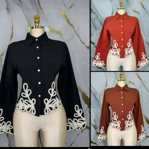 Blusas Bordadas - Brown Shirt with Embroidered Details and Button Front Design Long Sleeve