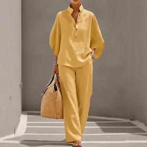 Women's 2-Piece Loose-Fitting Plus Size Lounge Set, Quarter-Zip Pullover Top, Half-Sleeve, Zipper Round Neck, Wide Leg Pants, Casual Sweatsuit Outfit, Minimalist Basic, 2026 Summer Fashion Solid-Color Womenswear