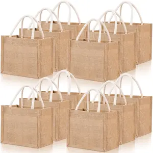 12 Pcs Burlap Tote Bag Mini Jute Reusable Bag with Handles Small Blank Canvas Gift Waterproof for Wedding Beach DIY