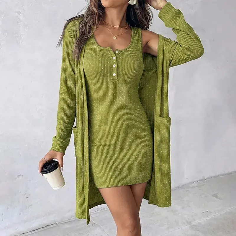 Women's St. Patrick's Day 2Piece Set Rhinestone Mini Tank Dress & Long Sleeve Pockets Cardigan Casual Textured Bodycon Dressy Outfits