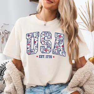 USA Floral Graphic Tee – Women's 4th of July Shirt | Patriotic Red White Blue Summer Top